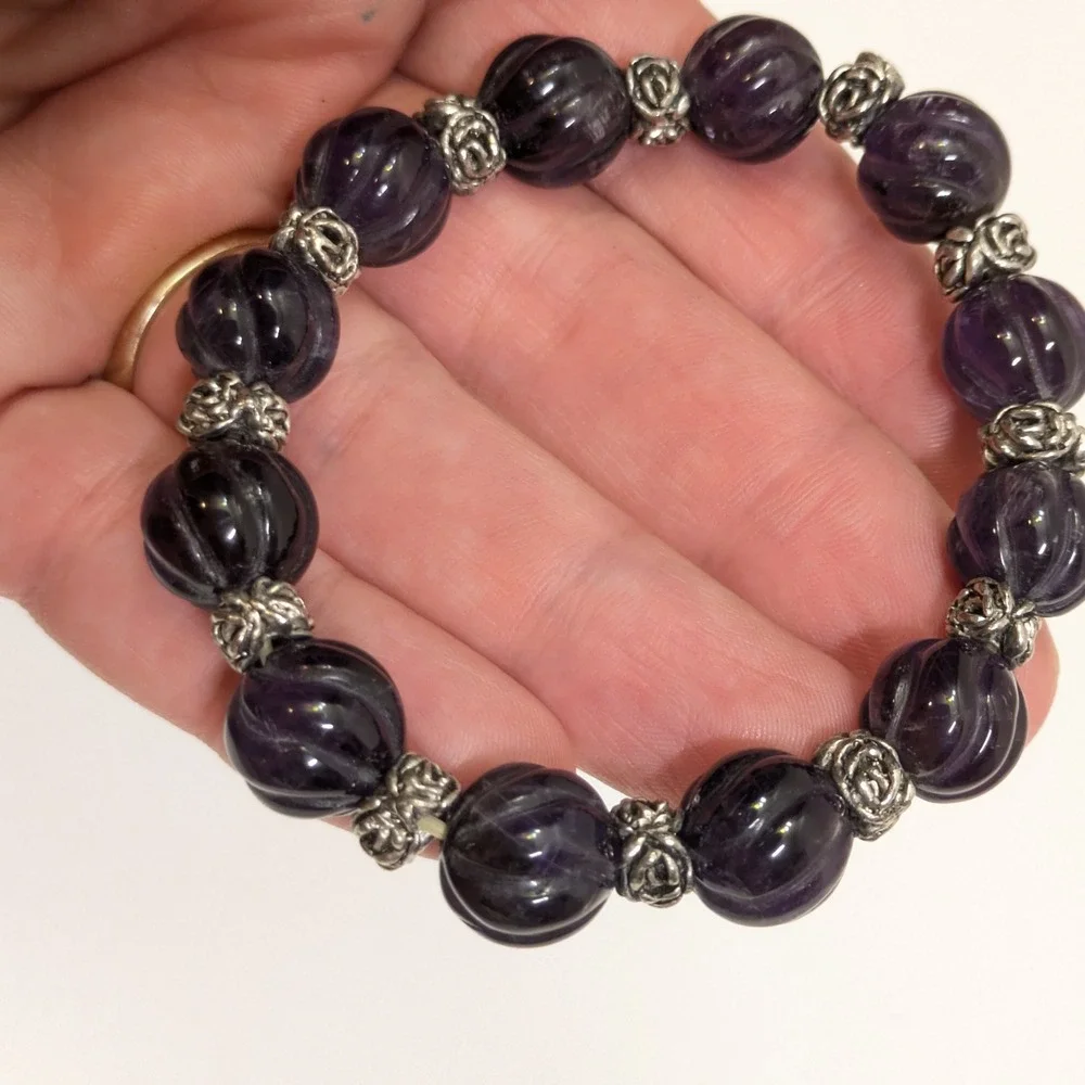 Carved Purple Melon Bead Stretch Bracelet Silver Tone Rose Floral Gemstone Boho